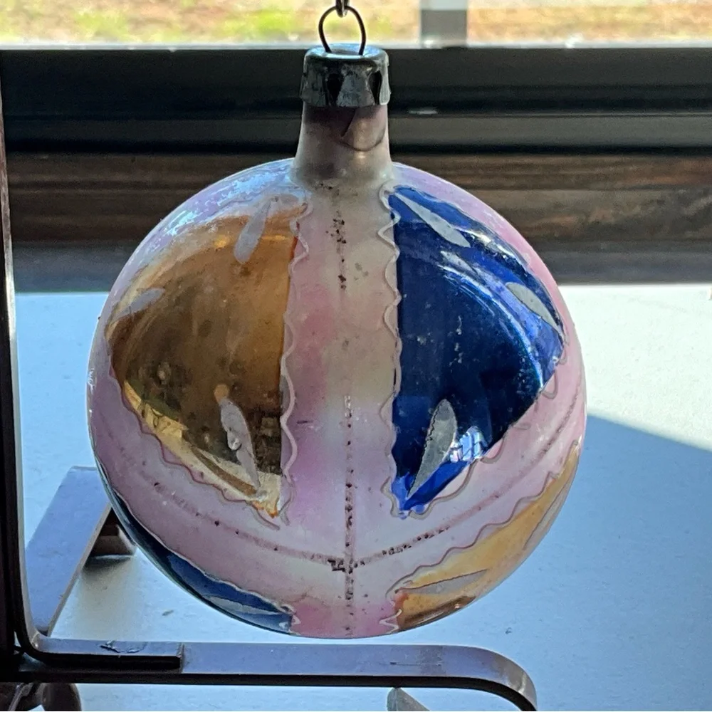 Vintage Mercury(?) Glass Christmas Ornament Hand Painted Blue and Pink